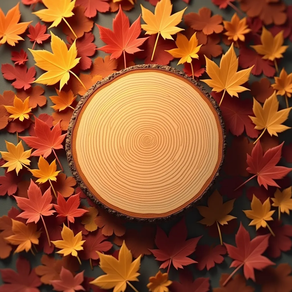 a pile of fall leaves from above, a large cross section of a maple tree lays on top, round, light, vibrant