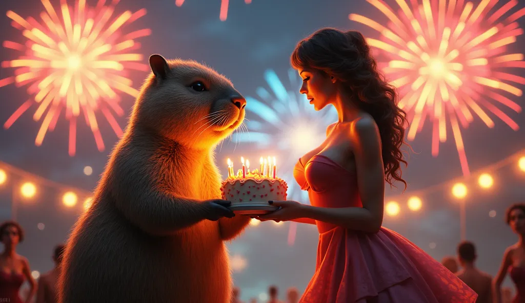 capybara is standing with a cake and wishes you a happy birthday, beautiful woman with very big breasts , huge breasts,  giant b...