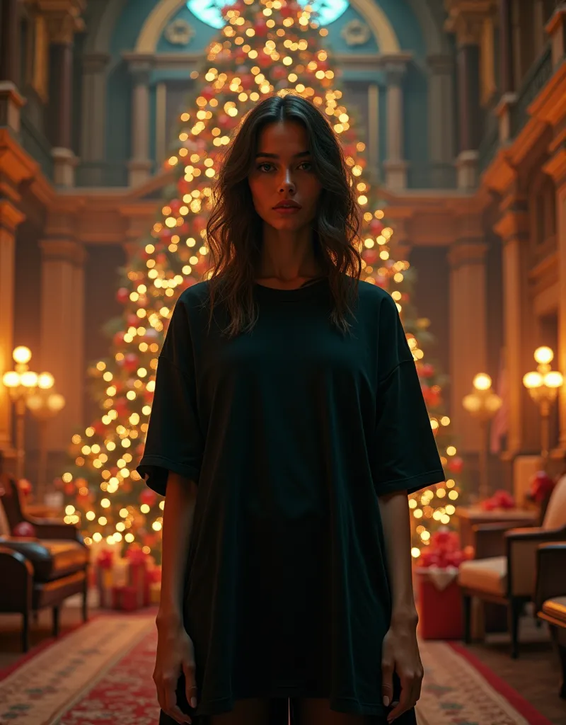 gorgeous woman in a black oversized t-shirt in an extreme pose on a full-length christmas background