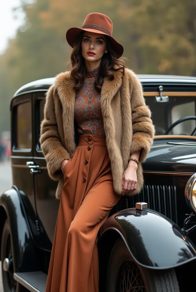 araffe woman in a long skirt and hat leaning on a car, style of julia razumova, wearing 1890s era clothes, victorian style costu...