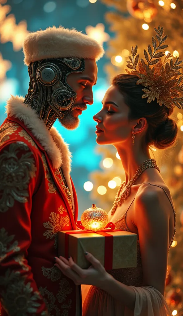 a cinematic photo of a muscular steampunk cyborg with an angelic face, dressed in an elegant christmas suit and festive cap, han...