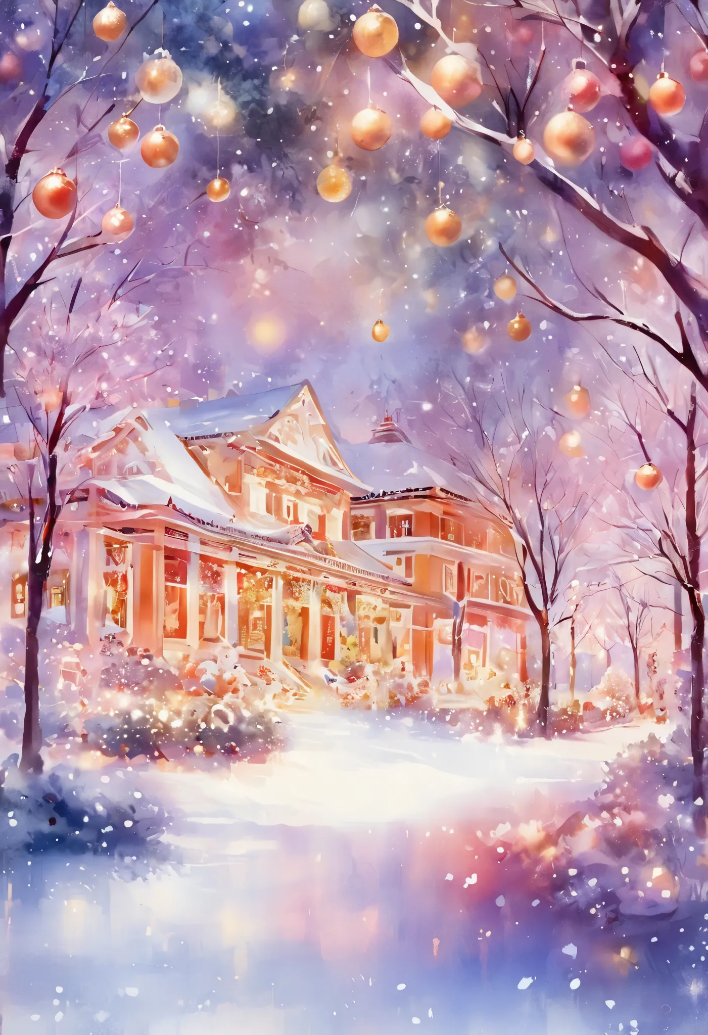 watercolor風 , postcard art,    white christmas,  in the woods,  pale shade,   christmas background images with lots of christmas...