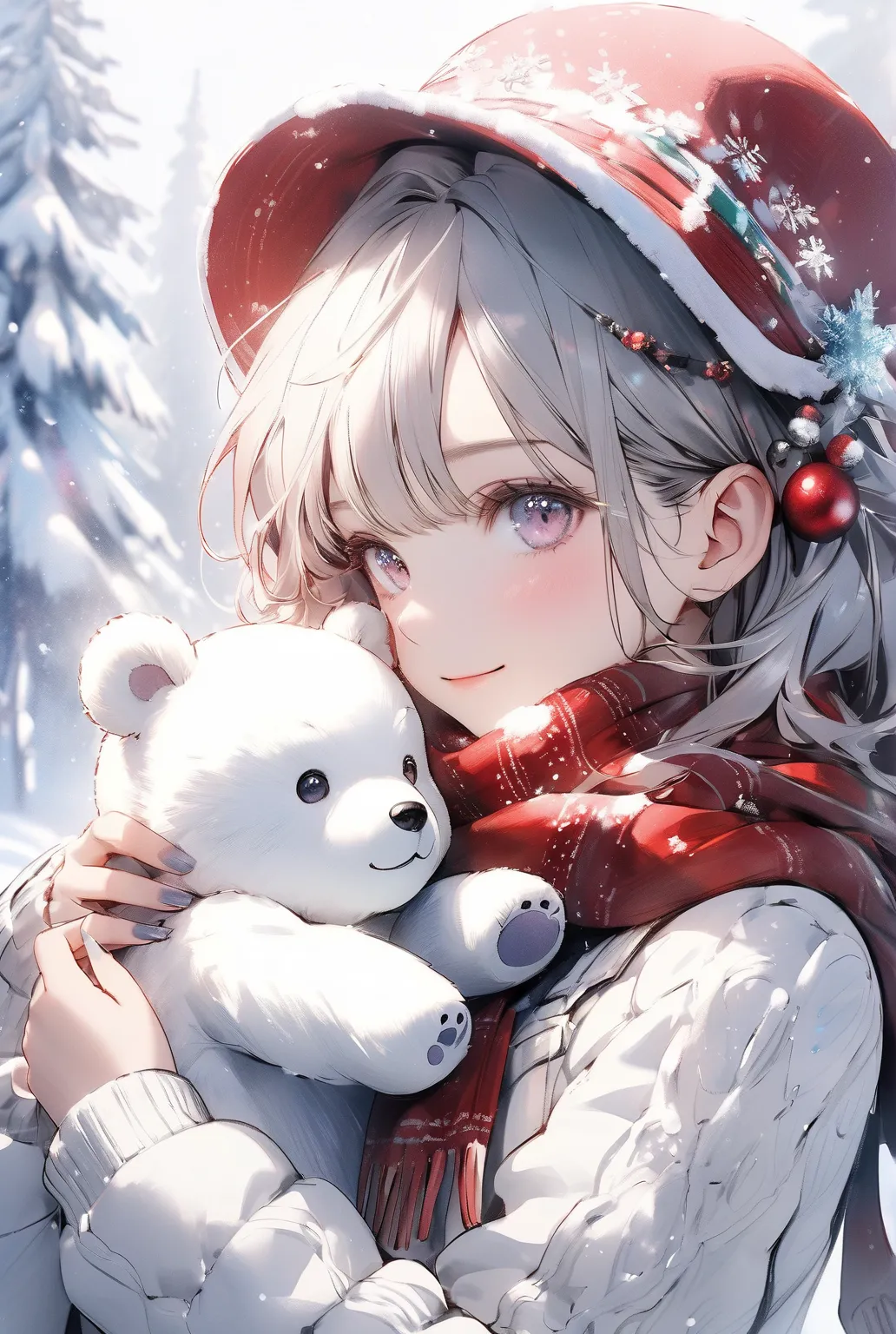 (fantastic fairy world),christmas,snow view,
1 girl plays with a white bear in the snow, the girl is wearing a hat and scarf to ...