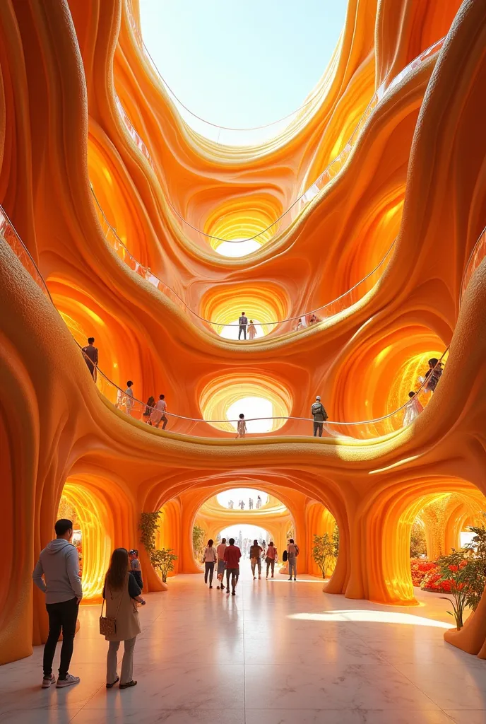 create design shopping  mall centre  inspired by  orange skin and inside formation  in  3d realistic model