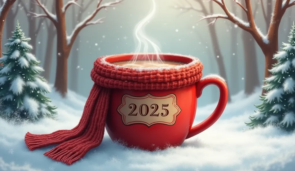 ambiance féérique, paysage d'hiver. un grand mug rouge de chocolat chaud fumant marqué "bonne année 2025" porte une écharpe