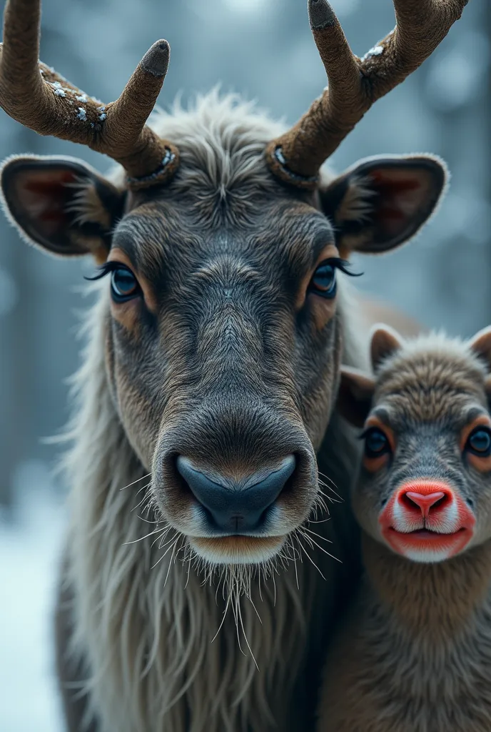 hyperreal、photograph、an old bearded reindeer and a red-nosed reindeer