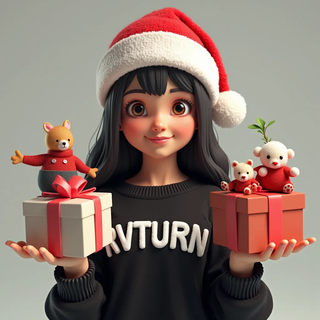 jeune femme avec un bonnet de noël en gros plan, avec un sweat noir avec écrit « rvturn » en blanc relief sur son pull, qui tien...