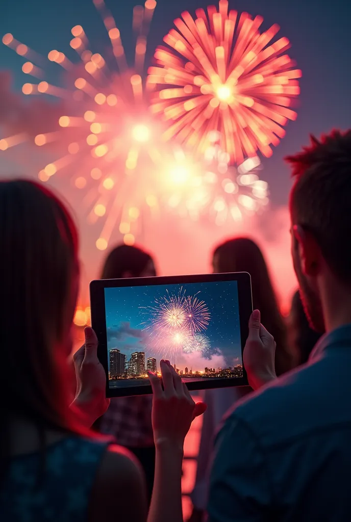 fireworks lighting up the sky, a team toasting next to that of a tablet with the graphic rising realistically