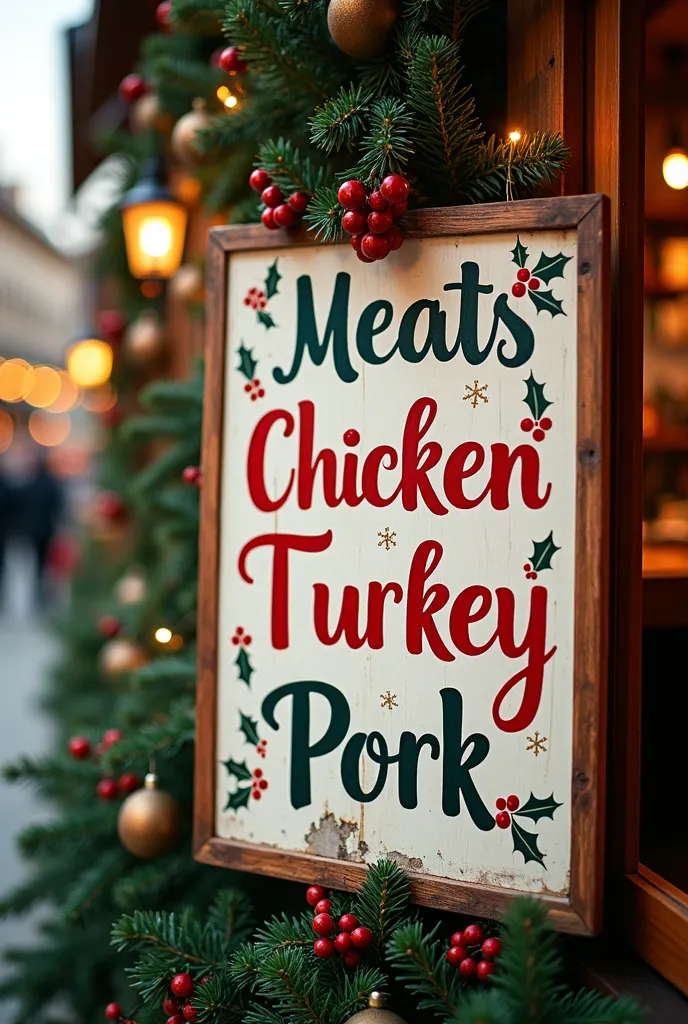 create a sign that says it is baked ,chicken turkey ,chancho and others with christmas style in spanish