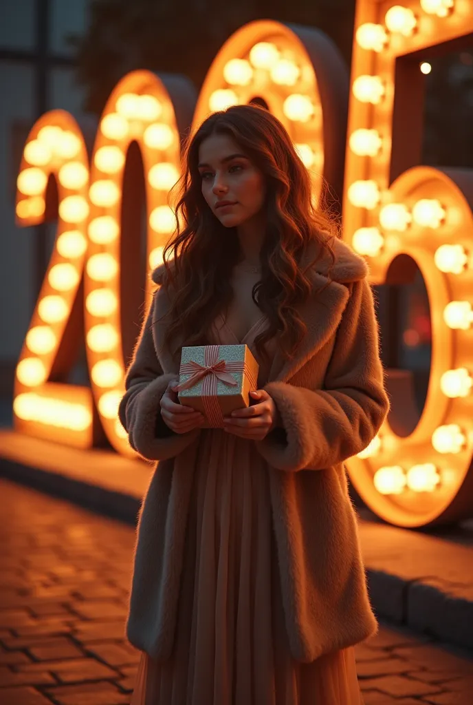  A beautiful girl with wavy long hair in a New Years dress and a fur coat stands in front of the 2025 sign, the sign glows with ...