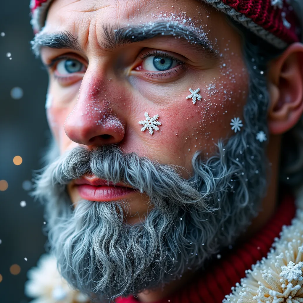 write in portuguese a beard in gray and dark pink with snowflakes in the letters and with christmas decoration around the letter...