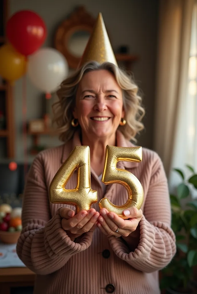 woman celebrating her birthday and holding the number 45 in her hand