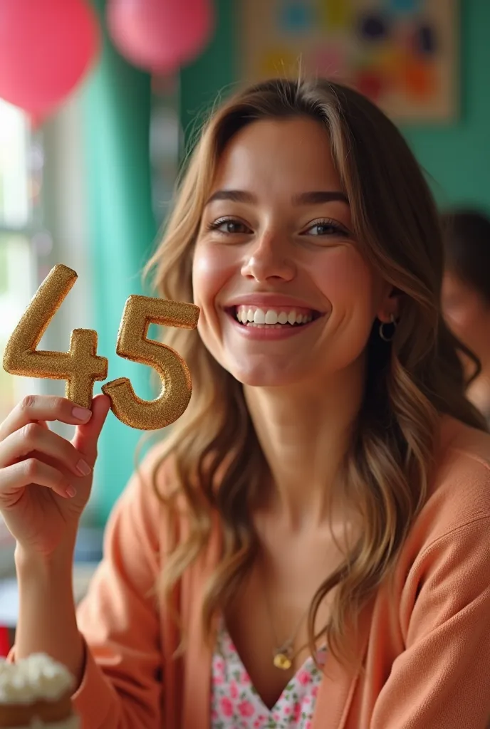 young woman celebrating her birthday and holding the number 45 in her hand