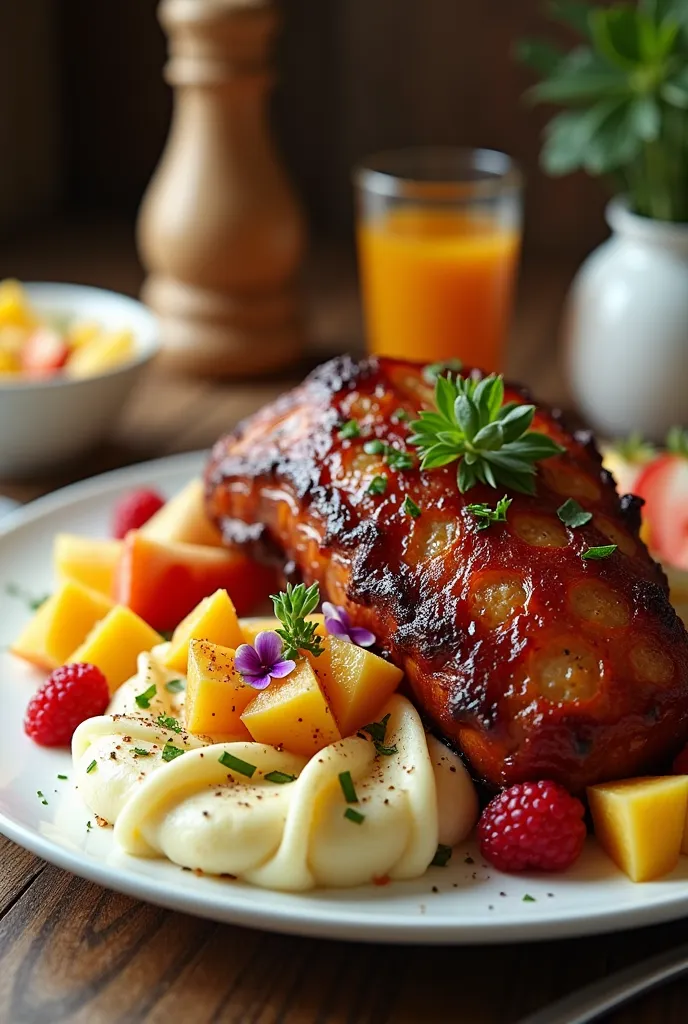 baked pork ham plate with baked pork ribs and fruit salad with mashed potatoes