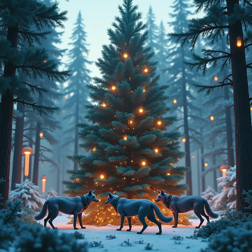 christmas forest landscape with wolves decorating a christmas pine tree, futuristic style, cyberpunk