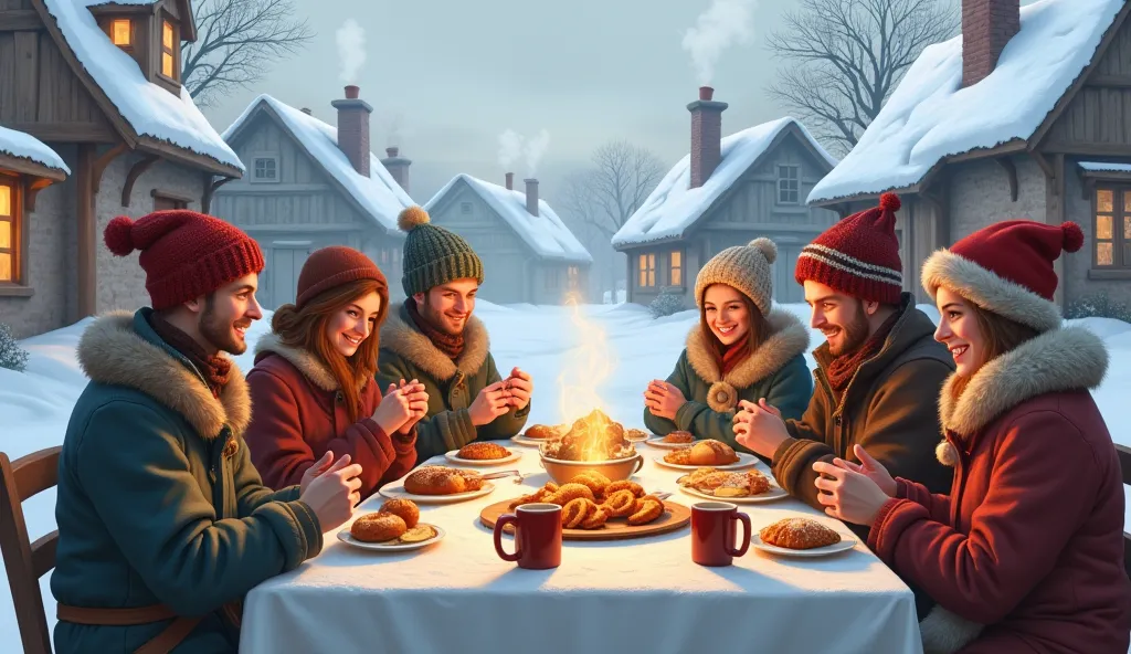 a village ,  people sharing their meals together ,it's cold and snowy season