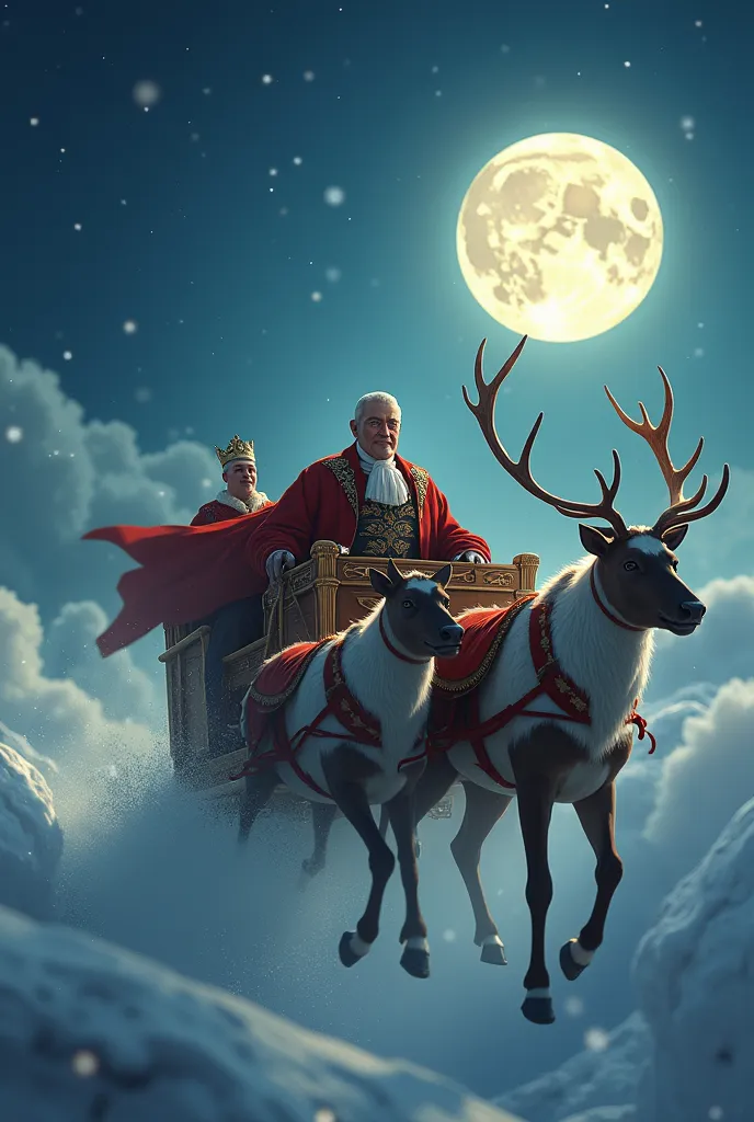 honorary man sitting in his sled and the reindeer flying with him, background standing and moon