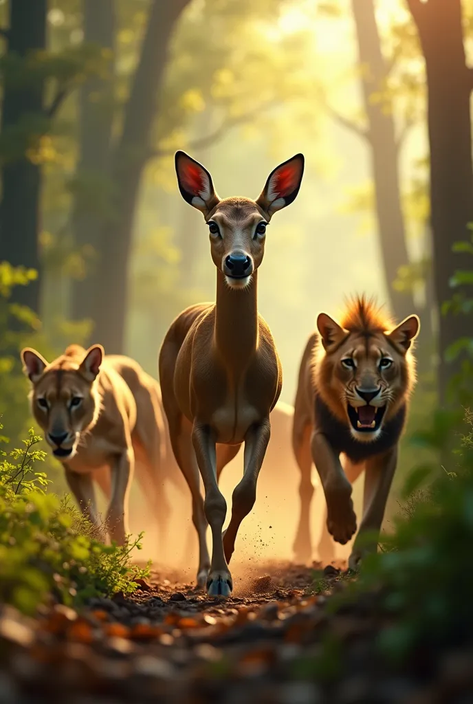 surreal 3d high definition 4k image of a deer running for its life in the african forest full of wild lions ready to hunt. the d...