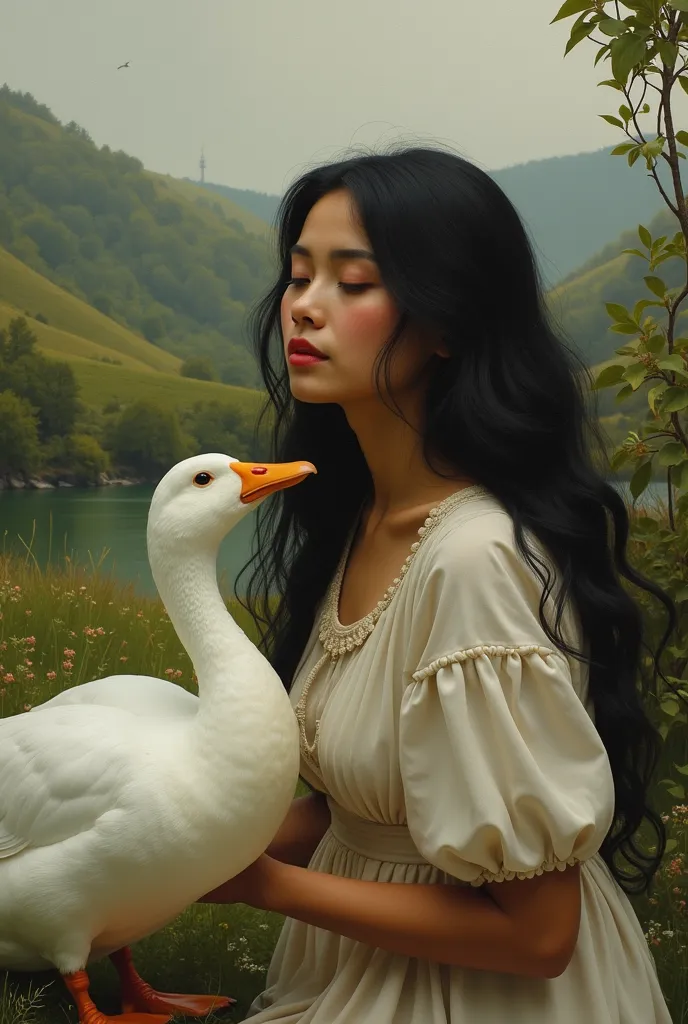 adult woman with long black hair and brown skin, in a landscape in love with a duck