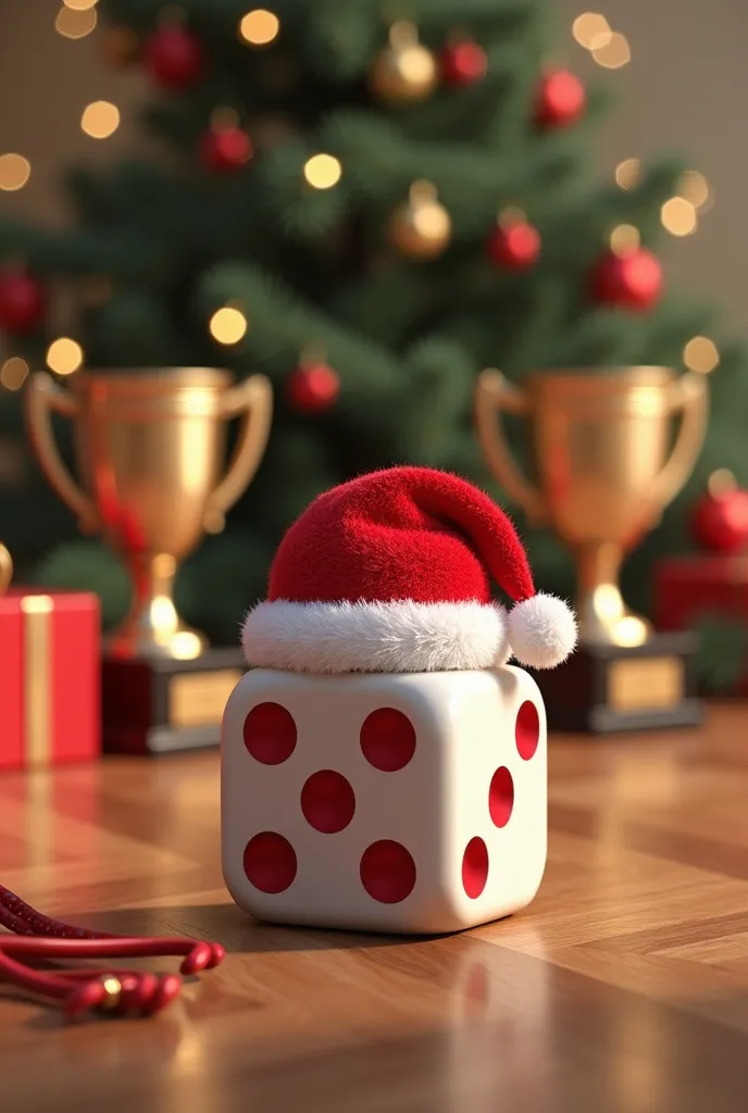 3d image of dice with santa's hat, christmas background, trophies and medals of success .  all on a parquet board in a christmas...