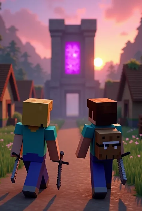 two minecraft characters, leaving a village at dawn, with backpacks and swords, looking at the nether portal, all in minecraft s...