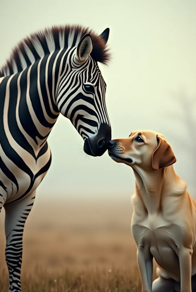 create a picture a zebra and a labrador hace to face