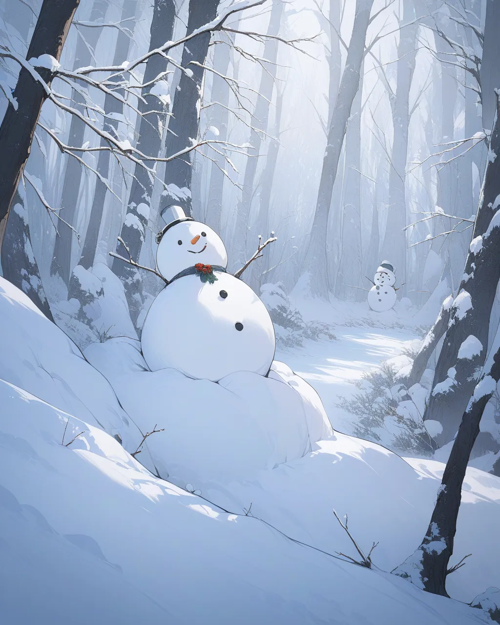 {  top quality }, {  super detailed }, {  best illustration }本格的な snowman、hand on a tree branch、 snowman、