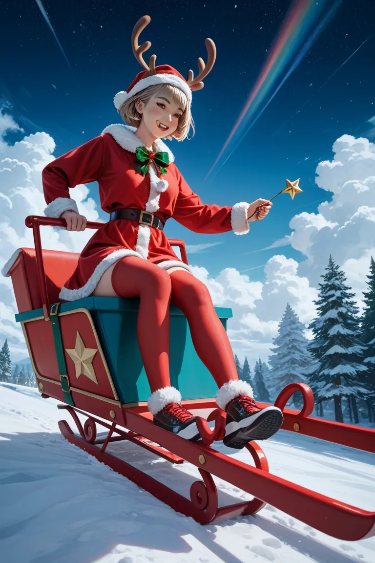 is depicted happily running through the sky against the background 、 a short bob girl in a santa style costume is sitting on a r...