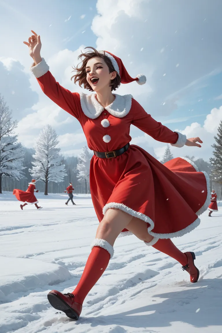 the hair dancing in the 、 a short bob girl wearing a red santa claus-style dress is running lightly。 wind against a white snowy ...