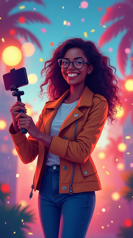 create an artistic digital illustration showing a vibrant and lively person recording a fun and creative short video (like a ree...