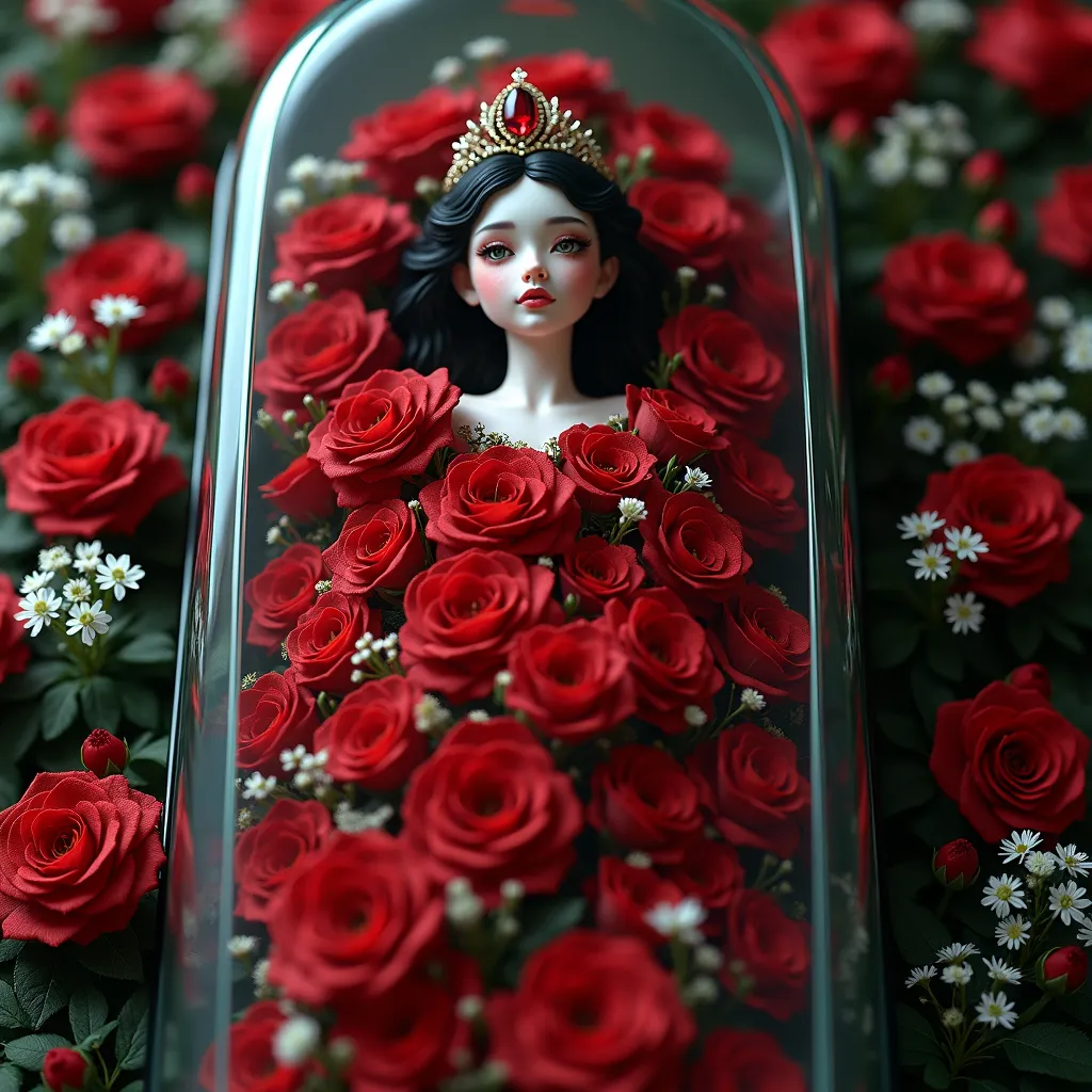 tiny vampire empress lying down in a glass coffin that filled with colorful flowers, buried in colorful roses, gypsophila, beaut...