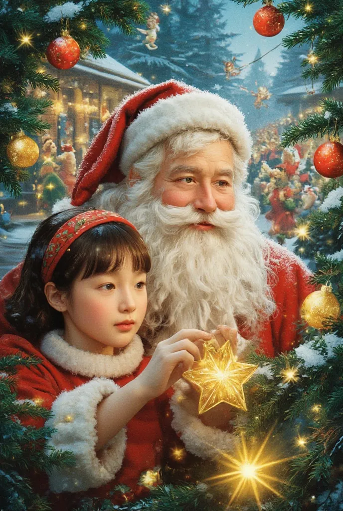 real santa claus and lots of s dancing merrily 、 a girl is decorating her hand with a sparkling ornament。with a smile on his fac...