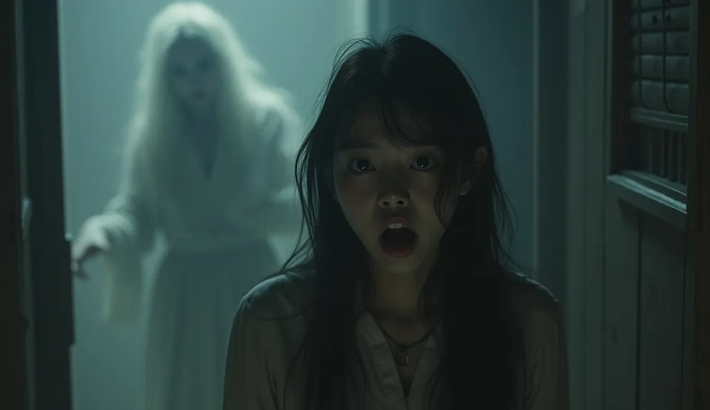 a young asian woman with a panicked face , behind there is the ghost of a   , gloomy scene