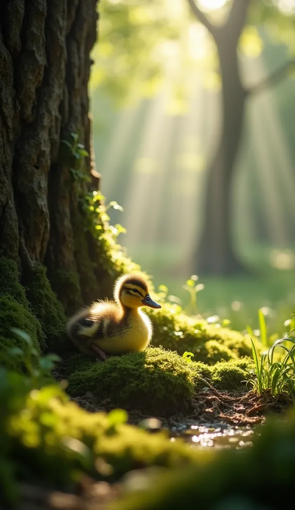 a baby duckling chirps softly as it drifts off to sleep, nestled in a mossy patch under a towering tree. sunlight streams gently...