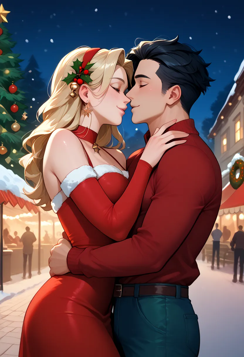 2men. christmas night. near in christmas tree. in park. cuddling. wearing winter clothers. blonde man and blackhair man. they lo...