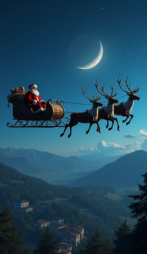 a realistic night scene, santa claus on the sleigh with a sack of gifts loaded behind flying over spain,with six flying reindeer...