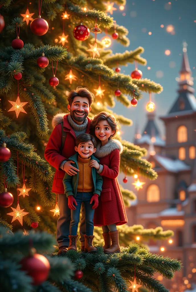 family consisting of 3 people  ( fathers and son)  standing on the edge of a christmas tree and they are happy