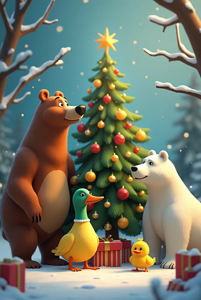 une image de noël avec un sapin, un message écrit joyeux noël les garçons, un ours adulte brun, un ours polaire adulte, un canar...