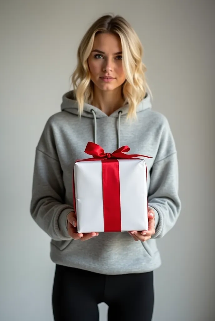 make me a studio photo of a blonde model holding a white and red christmas box wearing a grey hooded jacket and a black leggings...