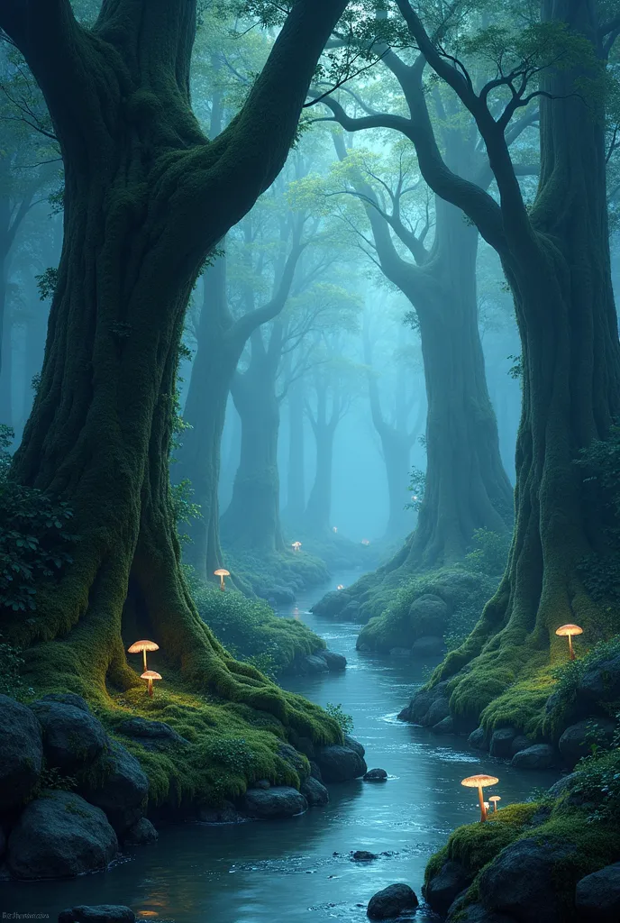 "a glowing, bioluminescent forest at twilight, with towering ancient trees and shimmering rivers, soft mist swirling around glow...