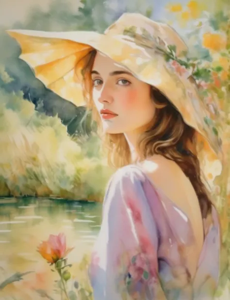 (masterpiece, hyper realistic),a stunning watercolor painting on canvas of a beautiful woman, in the style of claude monet ,give...