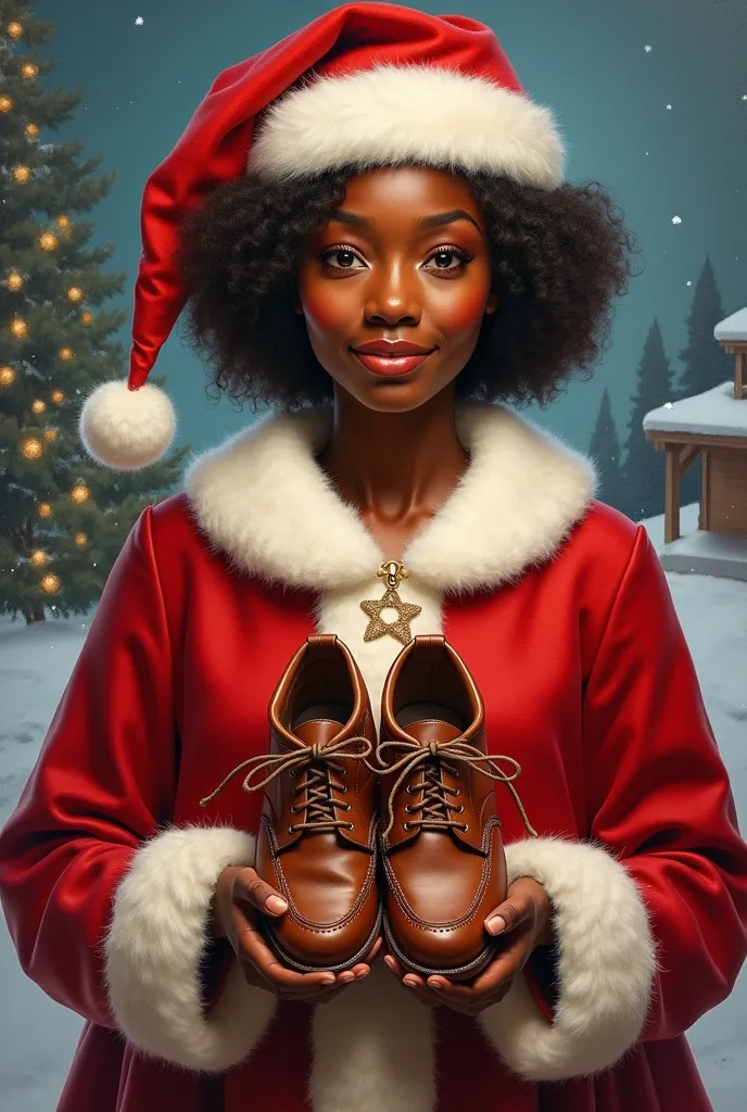 generate a portrait of a young black  female santa claus holdibg a pair of handmade male footwears