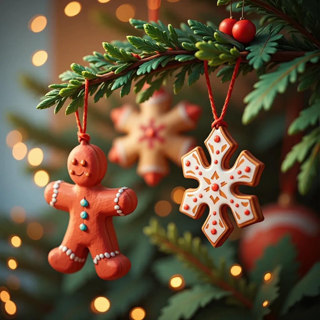 handcrafted clay ornaments shaped like gingerbread men and snowflakes, painted with festive colors. hanging from a tree branch, ...