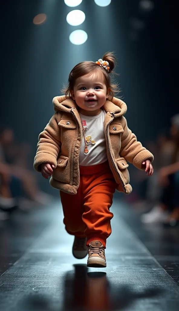 a full body photo,  bottom view,  of a chubby toddler extremely realistic, wearing designer clothes. parading on the runway