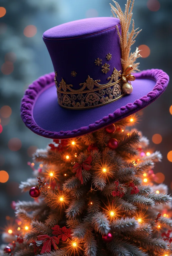 create a picture of a gentelman hat of a voluminous purple color and decorate the christmas tree, very beautiful and sparkling