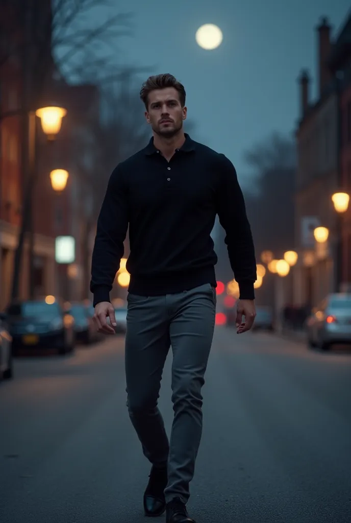 attractive man, tall and athletic,   light brown hair  , black polo sweater  ,   tight gray pants  ,  dark grey eyes . on some s...