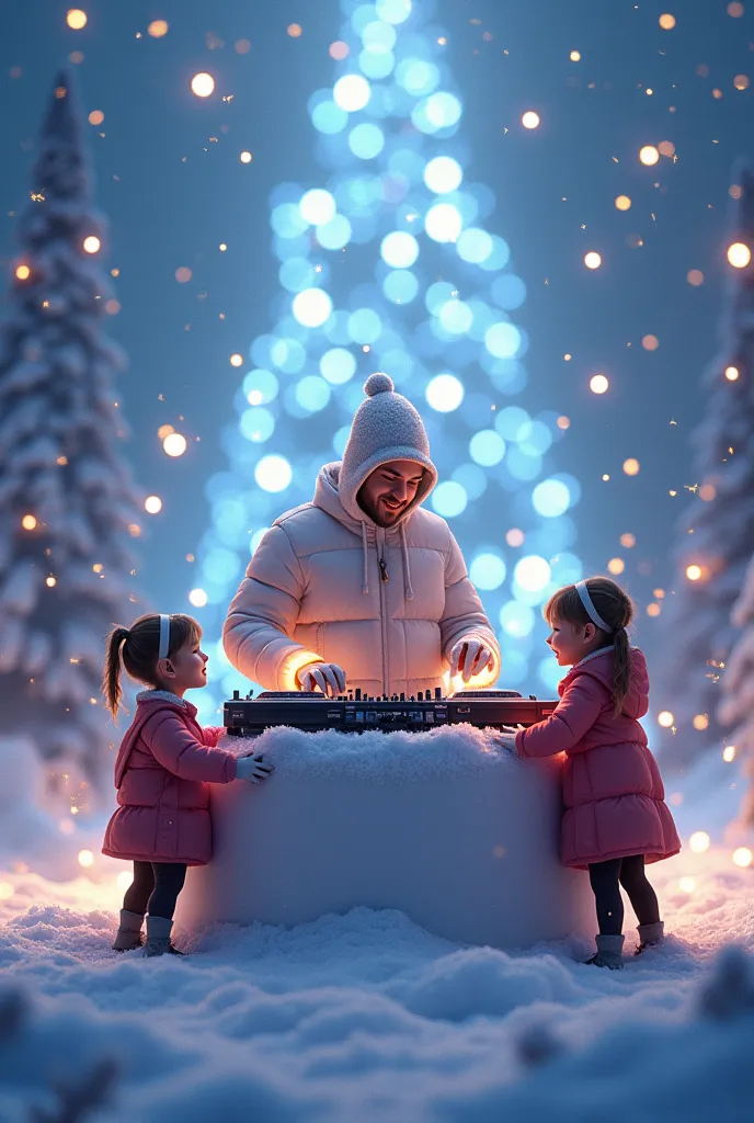 design a dj in a snowflake-filled christmas atmosphere with two girls holding hands together and an x2