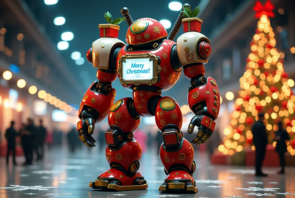 a photorealistic depiction of a giant robot displayed at a christmas event, designed with a friendly yet futuristic aesthetic. t...