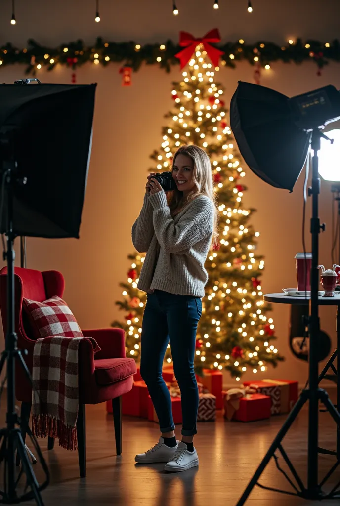 vetoe of a christmas scene in a studio with a female photographer with a camera celebrating christmas