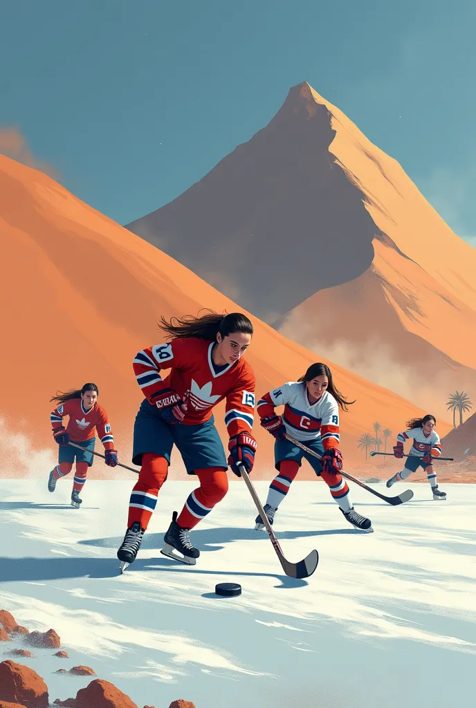 now with a dune in the background and female hockey players